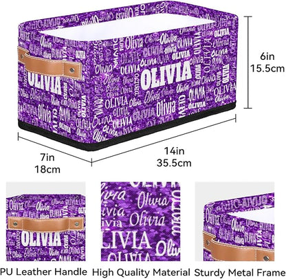 Personalized Small Storage Basket with Name, Pet Kids Toys Storage Bin with Handles for Shelf Home Closet Kitchen Countertop, Bright Purple Sequins Background