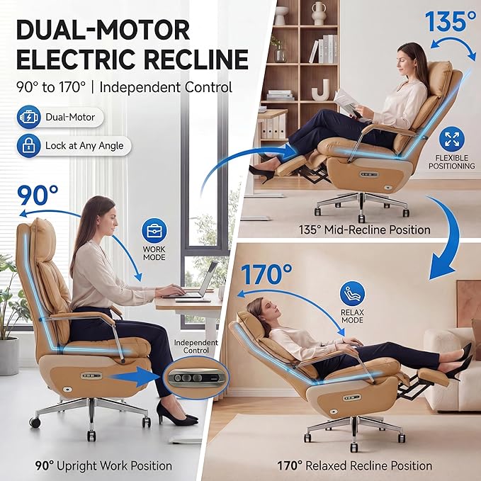 Dual Motor Executive Home Reclining Office Chair with Footrest - One-Click Electric Recline with Massage & Pillow Support Big and Tall PU Leather Ergonomic Desk Chair, High Back Wide Seat (Brown)