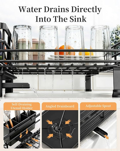 SAYZH Expandable Dish Drying Rack for Kitchen Counter, Metal, Black | Foldable Over Sink, Large Capacity, Rust-Resistant, Adjustable for Most Sinks, Automatic Drainage, Removable Utensil Holder