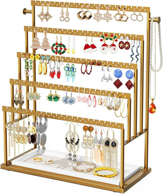 Earring Holder Organizer Gold, 5-Tier Jewelry Display Stand with Elegant Gold Metal Frame and Wooden Tray, Large Earring Holder for Studs, Hoops, Dangles, Decorative Jewelry Organizer for Women