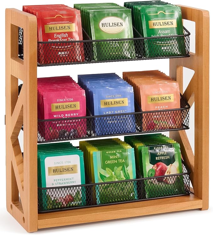 HULISEN 3 Tier Tea Bag Organizer for 120 Tea Bags, Tea Bag Holder with Removable Basket, Wood Stand & Metal Teabag Storage Rack for Coffee Bar Counter Kitchen Cabinet Pantry, Countertop or Wall Mount