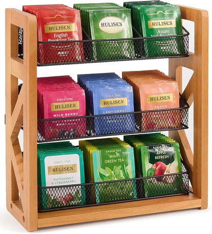 HULISEN 3 Tier Tea Bag Organizer for 120 Tea Bags, Tea Bag Holder with Removable Basket, Wood Stand & Metal Teabag Storage Rack for Coffee Bar Counter Kitchen Cabinet Pantry, Countertop or Wall Mount