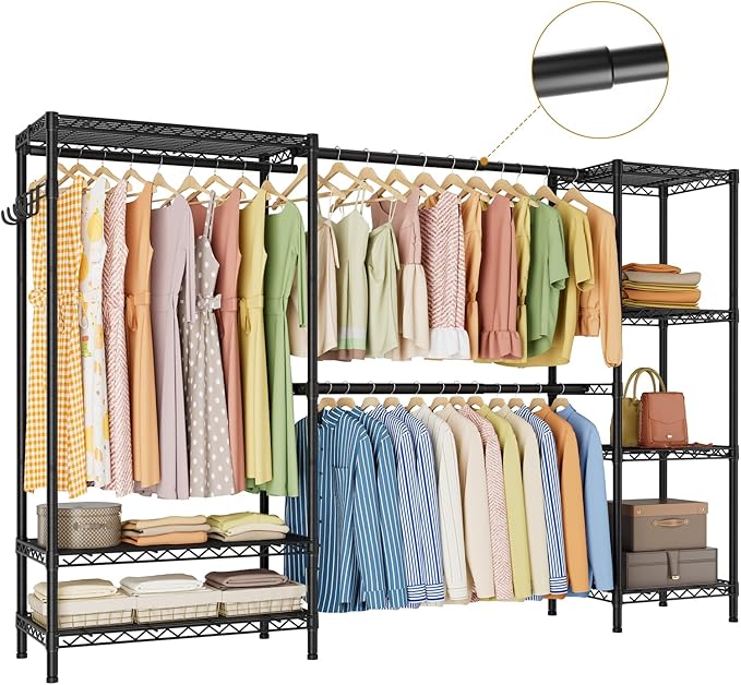 Heavy Duty Garment Rack Clothes Rack,Large Metal Closet Organizer System Storage Wardrobe,Freestanding Clothing Rack with 9 Adjustable Wire Shelves&3 Hang Rods,MaxLoad 1500lbs