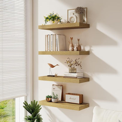 Fun Memories 72 Inch Floating Shelves for Wall 8 Inch Deep Oak Shelves Set of 2, Wall Mounted Rustic Wood Long Floating Shelf, Large Display & Storage Shelf with Invisible Brackets