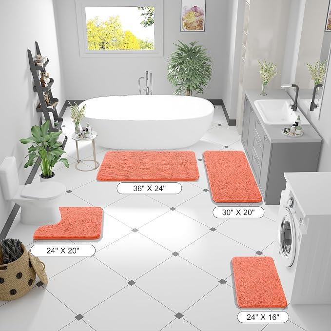 OLANLY Bathroom Runner Rugs 47x20, Extra Soft Absorbent Chenille Bath Rugs, Rubber Backing Quick Dry, Machine Washable Long Bath Mats for Bathroom Floor, Tub and Shower, Home Decor Accessories, Coral