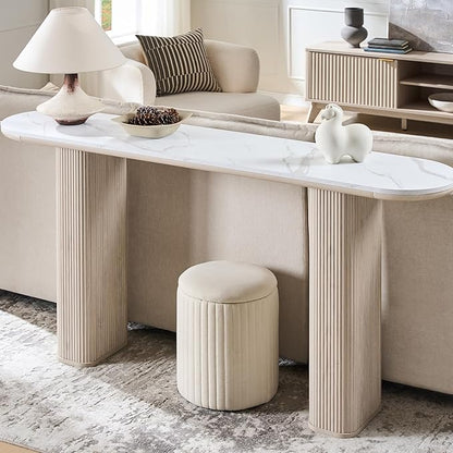 OKD 63" Modern Console Table with Arc Faux Marble Texture Top, Fluted Wood Base, Contemporary Entryway Sofa Table for Living Room, Hallway, Foyer, White Alder