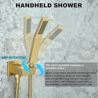 Brushed Gold Shower System with 12-Inch Rain Showerhead and Handheld | Innovative air-injection technology for low pressure, high-flow rate up to 3.22 GPM ensuring powerful consistent stream