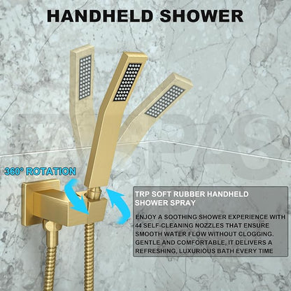 Brushed Gold Shower System with 10-Inch Rain Showerhead and Tub Spout | cUPC-certified pressure balance brass valve to prevent scalding, CEC-certified air injection technology for low pressure