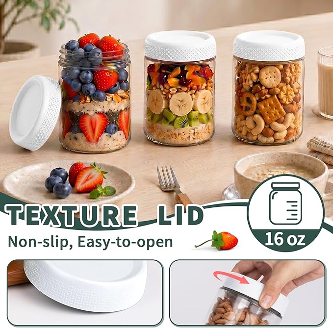 6-Pack Glass Storage Containers with Lids, Overnight Oats Containers with Lids, Wide Mouth Mason Jars 16oz, Glass Jar with Airtight Lid for Yogurt, Chia, Sugar, Snack, Oats, Food Storage