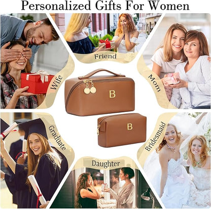 Valentine's Day Gifts for Women Teen Girl, Personalized Initial Makeup Organizer Bag Set, Open Flat Travel Cosmetic Bag With Clear Divider and Handle(Brown,B)