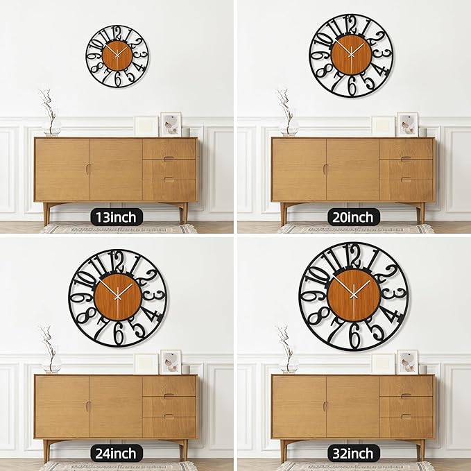 Maxstar Round Wall Clock for Living Room Decor Battery Operated Non Ticking Black Metal Wood Clocks for Home Living Room Garden Office Kitchen Decoration -16 inch