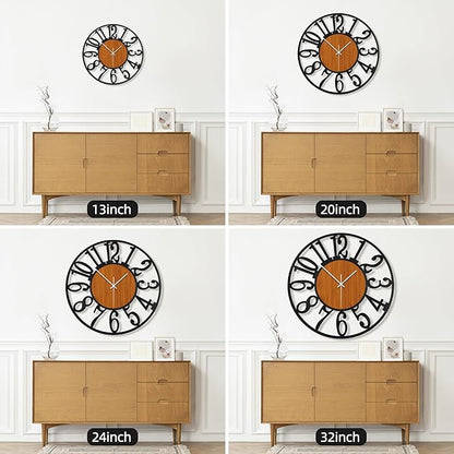 Maxstar Round Wall Clock for Living Room Decor Battery Operated Non Ticking Black Metal Wood Clocks for Home Living Room Garden Office Kitchen Decoration -16 inch