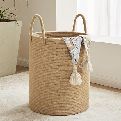 YOUDENOVA Cotton Laundry Hamper, 58L - Woven Collapsible Storage Basket - Jute Brown