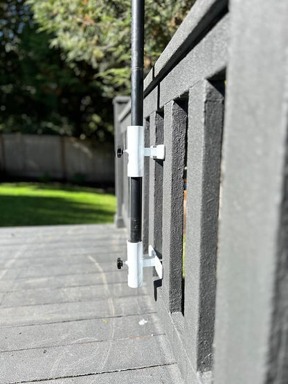 | Patio Umbrella Holder | 2 Piece Design | Outdoor Umbrella Base and Mount | Attaches to Railing Maximizing Patio Space and Shade