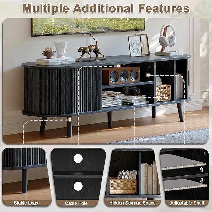 ChooChoo Mid Century Modern TV Stand for TVs up to 60 Inch, Entertainment Center with Fluted Sliding Doors and Hidden Storage, TV Console with Adjustable Shelf for Living Room, Bedroom, Black