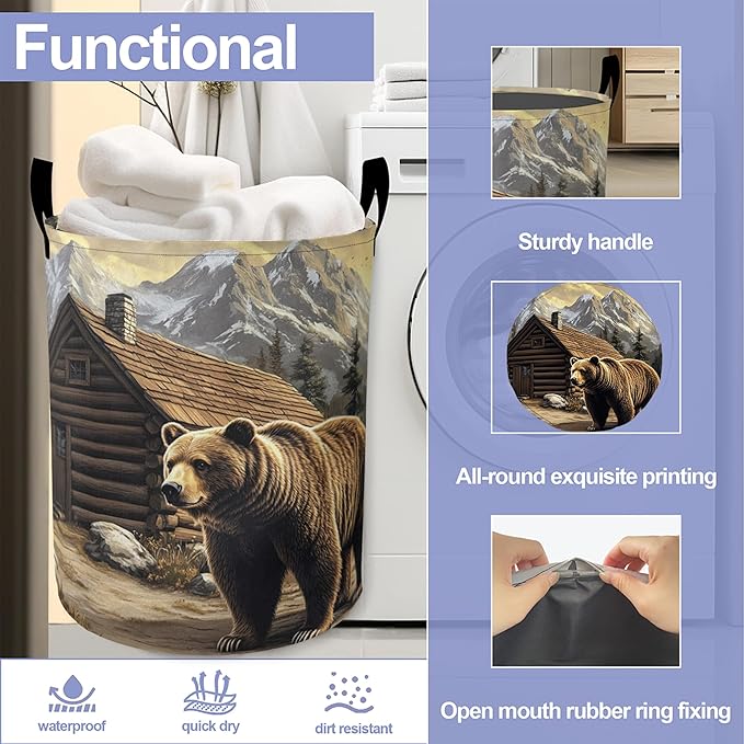 Cute Brown Bear Laundry Hamper Large Canvas Fabric Lightweight Storage Basket/Dirty Clothes Collapsible Waterproof for College Dorms, Boys and Girls Bedroom,Bathroom