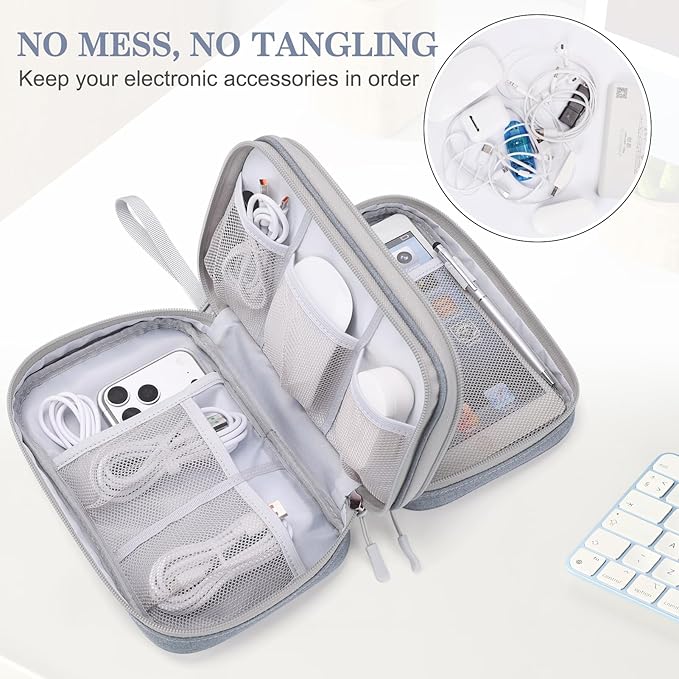 FYY Electronic Organizer, Large Travel Cable Organizer Bag Pouch Electronic Accessories Carry Case Portable Waterproof Double Layers All-in-One Storage Bag for Cable, Cord, Charger, Light Grey