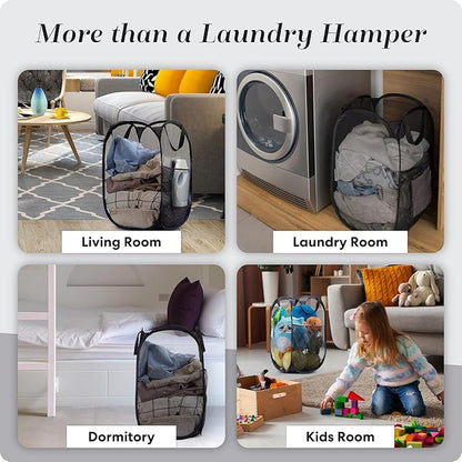 Handy Laundry Collapsible Mesh Pop Up Hamper with Wide Opening and Side Pocket - Breathable, Sturdy, Foldable, and Space-Saving Design for Clothes and Storage (Black | 2-Pack)
