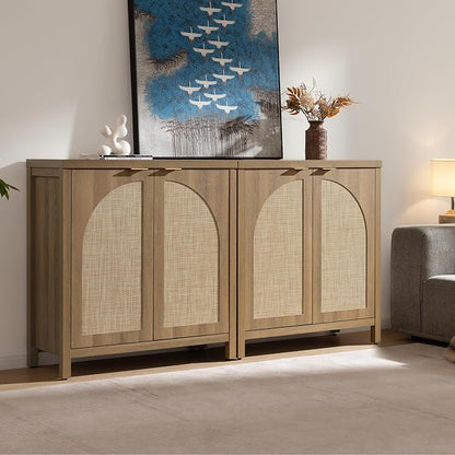 SICOTAS 102" W Rattan Sideboard Buffet Cabinet with Storage Set of 3, Mid Century Modern Credenza with Arch Doors & Shelves Farmhouse Coffee Bar Media Console Cabinets for Living Room, Entryway