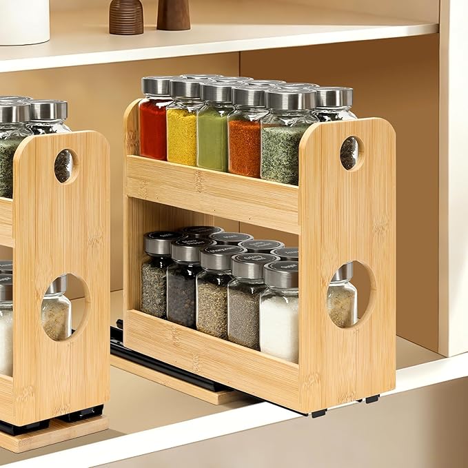 Tfro & Cile Pull Out Spice Rack Organizer for Cabinet 2-Tier Vertical Bamboo Slide Out Seasoning Organization for Kitchen Pantry