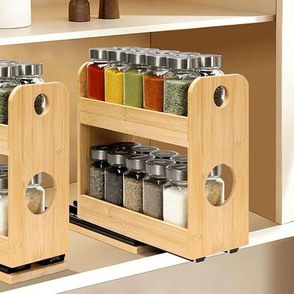 Tfro & Cile Pull Out Spice Rack Organizer for Cabinet 2-Tier Vertical Bamboo Slide Out Seasoning Organization for Kitchen Pantry