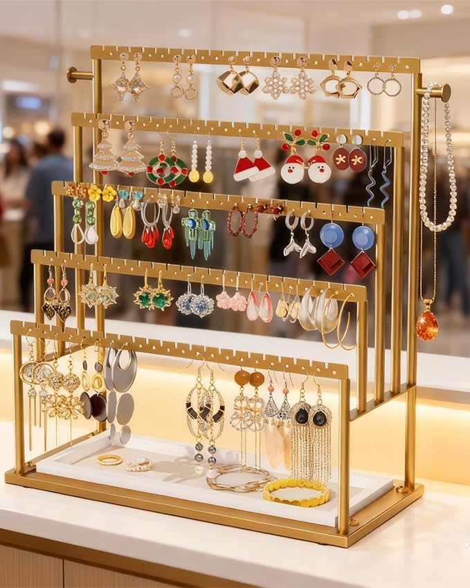 Earring Holder Organizer Gold, 5-Tier Jewelry Display Stand with Elegant Gold Metal Frame and Wooden Tray, Large Earring Holder for Studs, Hoops, Dangles, Decorative Jewelry Organizer for Women