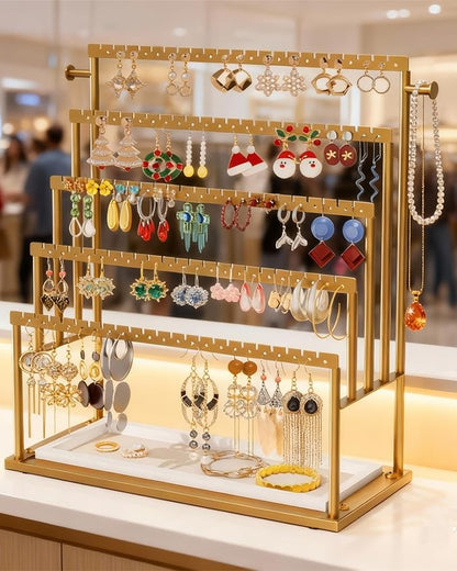 Earring Holder Organizer Gold, 5-Tier Jewelry Display Stand with Elegant Gold Metal Frame and Wooden Tray, Large Earring Holder for Studs, Hoops, Dangles, Decorative Jewelry Organizer for Women