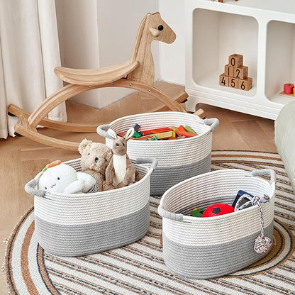 R RUNKA Storage Baskets for Organizing | 15"x10.2"x9.1" - 1 Pack Nursery Bin with Handles - Woven Cotton Rope Baskets for Dog Toys, Books, Shelf, Bathroom,Closet -Stylish Storage |White & Grey