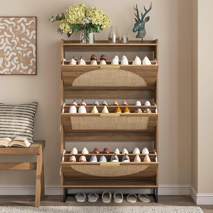 Maupvit Rattan Shoe Storage Cabinet with 3 Flip Drawers, Freestanding Shoe Organizer with Metal Legs for Entryway, Hidden Golden Handles, Narrow Shoe Rack Cabinet, Rustic Oak Rattan