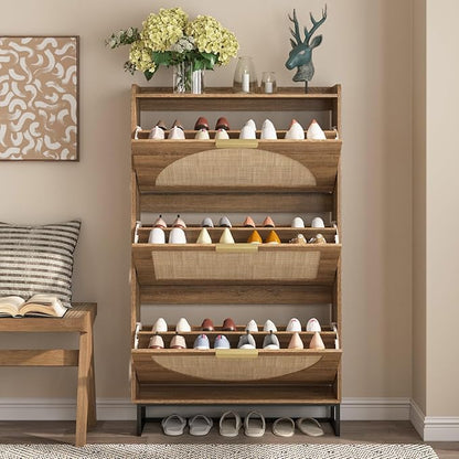 Maupvit Rattan Shoe Storage Cabinet with 3 Flip Drawers, Freestanding Shoe Organizer with Metal Legs for Entryway, Hidden Golden Handles, Narrow Shoe Rack Cabinet, Rustic Oak Rattan