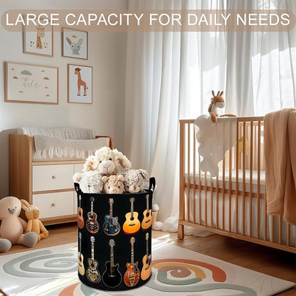 Guitar Laundry Basket Hamper 19.7"x15.8", Music Foldable Waterproof Oxford Clothes Storage Bucket for Room Bathroom Bedroom Nursery Decor, Toy Organizer Bins Gifts for Kids Boys Girls