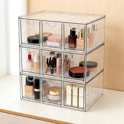 Prsildan Acrylic Makeup Organizer, 3 Pack Stackable Storage Drawers with 9 Drawers for Office Desk Vanity Craft Room Clear Drawer Organizers for Hair Accessories Art Supplies Cosmetics Modular System