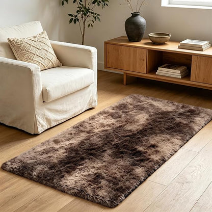 Shag Runner Rug for Bedroom Living Room 2x6 Upgrade Non-Slip Fluffy Soft Bedside Rugs,Shaggy Mottling Brown Carpet for Livingroom Dorm Home Decor Aesthetic