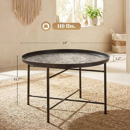 HOMCOM 24" Round Coffee Table with Hammered Tray Top, Vintage Metal Center Table for Living Room, Bedroom, Side Table, Pewter