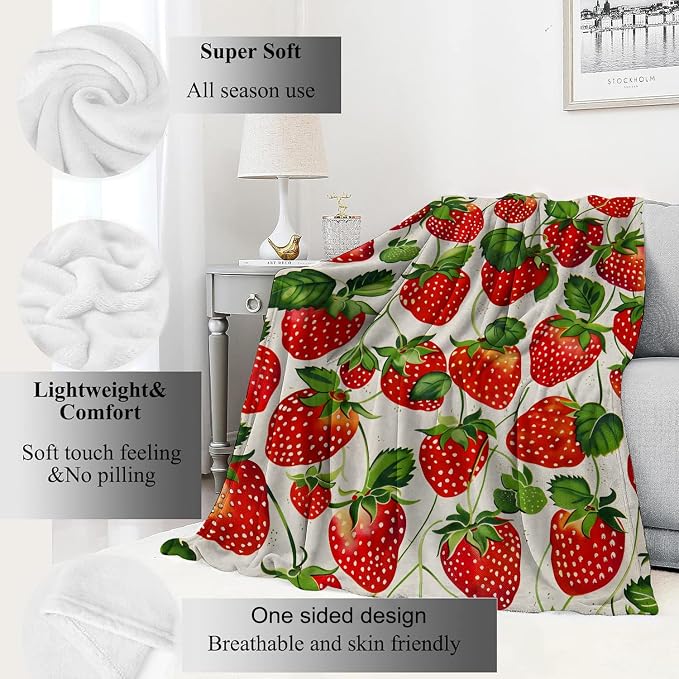 Strawberry Blanket Lush Red Strawberries Throw Blankets with Green Leaves,Birthday Gifts for Kids Adult Women,Lightweight Soft Fleece,for Sofa Couch Bed Room Farmhouse Decor 60x80in