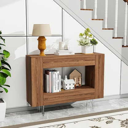 Narrow Console Table with Hidden Side Storage Cabinets, Adjustable Shelves, Farmhouse Entryway Sofa Table for Behind The Couch, Living Room, Hallway, Walnut