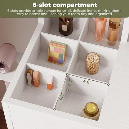 IRONCK Vanity Desk with 360° Rotating LED Mirror & Power Outlet, Makeup Vanity with 6 Slot Compartments & Storage Stool & Hairdryer Rack, White Dressing Table with Drop Leaf for Girls Women Bedroom