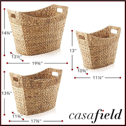 Casafield Set of 3 Stackable Oval Laundry Baskets with Handles - Natural, Woven Water Hyacinth Storage Totes for Throw Blankets, Bathroom, Bedroom, Living Room