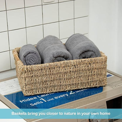 Large Natural Wicker Basket Rectangular with Wooden Handles, Seagrass Storage for Organizing, Shelves 15.5 x 10.6 x 5.5 inches
