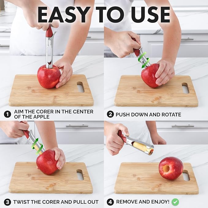 Zulay Kitchen Ultra Sharp Apple Corer Tool - Stainless Steel, Sharp & Serrated Blade Cores in Seconds - Easy to Use & Clean, Durable Apple Core Remover for Apples & Small Fruits - 2 Pack Black & Red