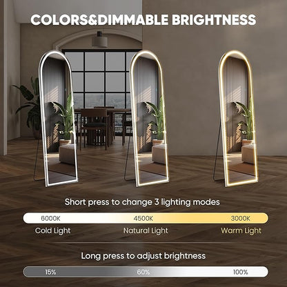 OLIXIS 16"x 60" Arched LED Full Length Mirror with Lights, Standing Lighted Floor Full Body Mirror with 3 Color Lighting, Wall Mounted Mirrors for Bedroom, Home, Entryway with Tempered Glass