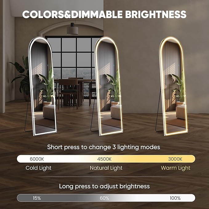 OLIXIS 16"x 60" Arched LED Full Length Mirror with Lights, Standing Lighted Floor Full Body Mirror with 3 Color Lighting, Wall Mounted Mirrors for Bedroom, Bathroom, Entryway with Tempered Glass