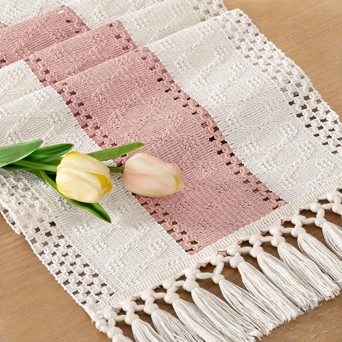 Socomi Boho Table Runner Valentine's Day Farmhouse Rustic Dining Kitchen Centerpiece Decor Small Macrame Woven Cotton Linen Coffee Table Runner for Dresser Scarf Home Decor 12x60 inPink Ivory