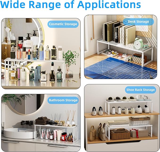 Shelf Organizer Stackable 1 Pack: Expandable (15.8"-25.5") Spice Rack Height Adjustable(6.2"/7.3"/8.5") Kitchen Organizer Countertop Metal Shelves for Pantry Storage White