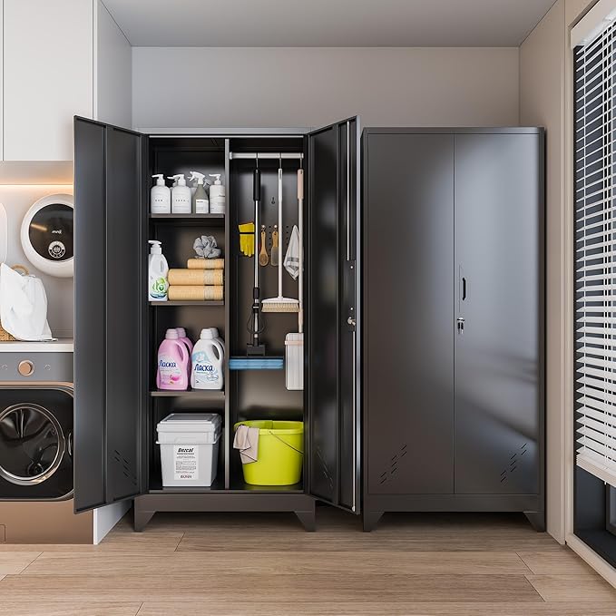 Storage Cabinet 61" H, Metal Tools Storage Cabinet with Lockable Doors and Shelves, Outdoor Storage Sheds with Removable Pegboard for Garage, Utility Room, Office