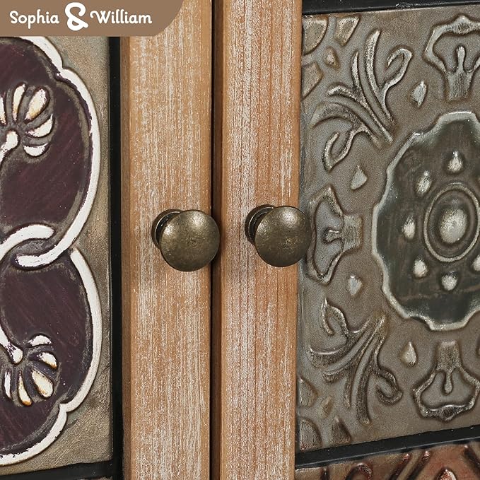 Sophia & William Accent Cabinet with 2 Doors, Distressed Storage Cabinet with Wood Frame and Checkered Patterns for Entryway Living Room