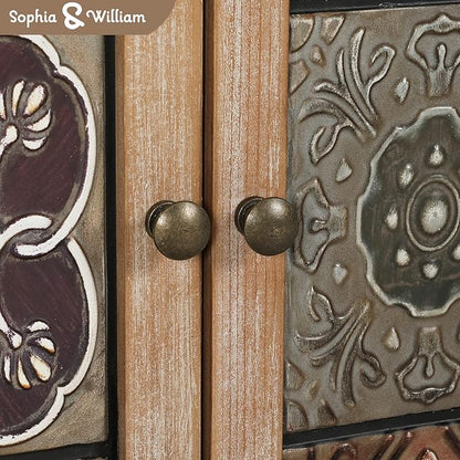 Sophia & William Accent Cabinet with 2 Doors, Distressed Storage Cabinet with Wood Frame and Checkered Patterns for Entryway Living Room
