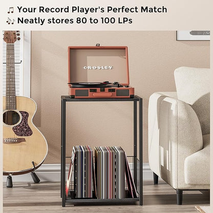 Side Table with Magazine Holder, Record Player Stand with LP Shelf, End Table for Living Room, Bedroom, or Bedside, Easy Assembly, 11" D x 16.9" W x 23.6" H, Black