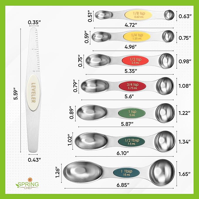 Spring Chef Stainless Steel Magnetic Measuring Spoons Set of 8 with Leveler, Metal Teaspoon & Tablespoon Measure Spoons Set for Baking & Cooking, Stackable & Double Sided Kitchen Gadgets - Very Merry