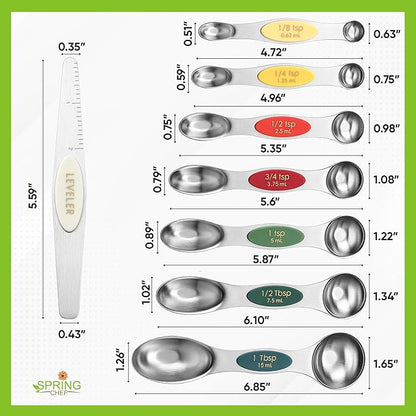 Spring Chef Stainless Steel Magnetic Measuring Spoons Set of 8 with Leveler, Metal Teaspoon & Tablespoon Measure Spoons Set for Baking & Cooking, Stackable & Double Sided Kitchen Gadgets - Very Merry